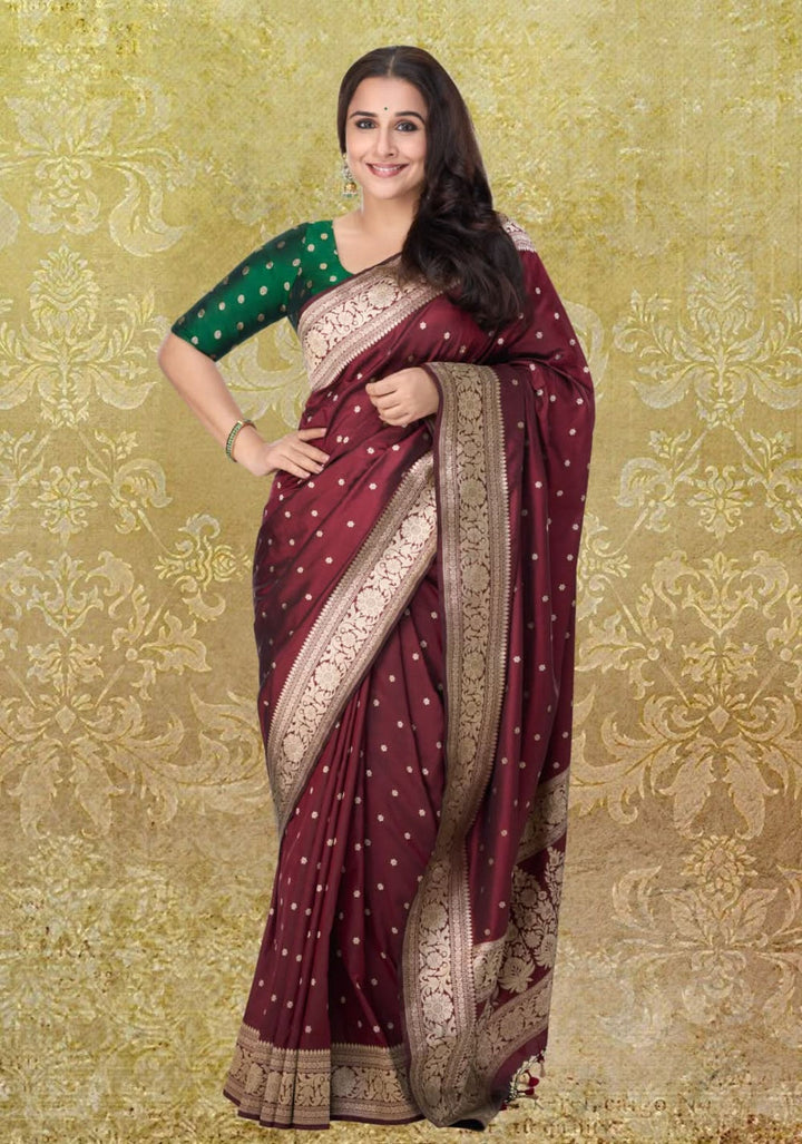 Exquisite Celebrity Banarasi Katan Silk Saree in Garnet with Chunri Buttis and resplendant pallu | SILK MARK CERTIFIED