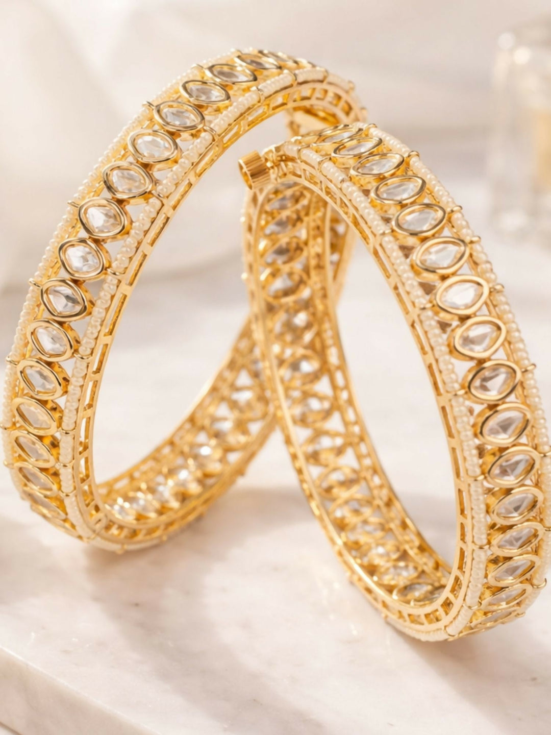 Gold Plated Silm Round Polki Bangles | SHOBITAM