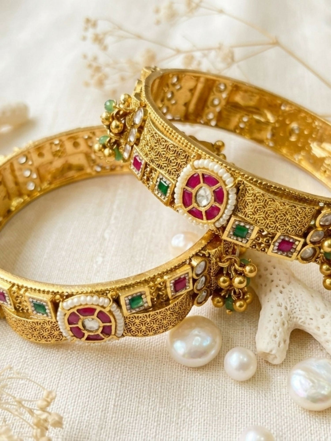 Multicolour Antique Gold Plated Jadau Polki Bangles | SHOBITAM