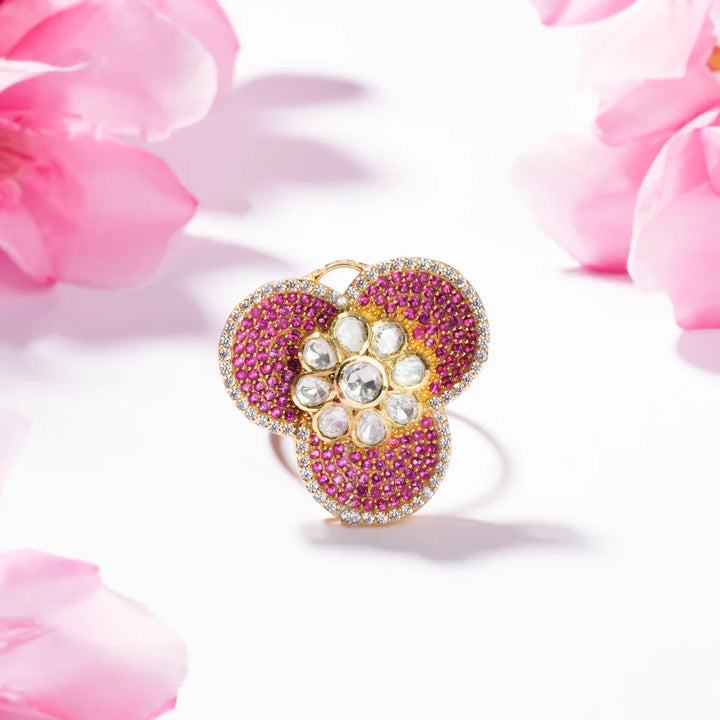 Pure 92.5 Silver, Gold Plated Blush Fleur Ring