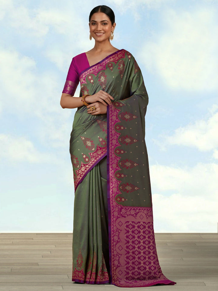 Olive Semi Banarasi Silk Blend Saree with Zari Woven Work | SHOBITAM
