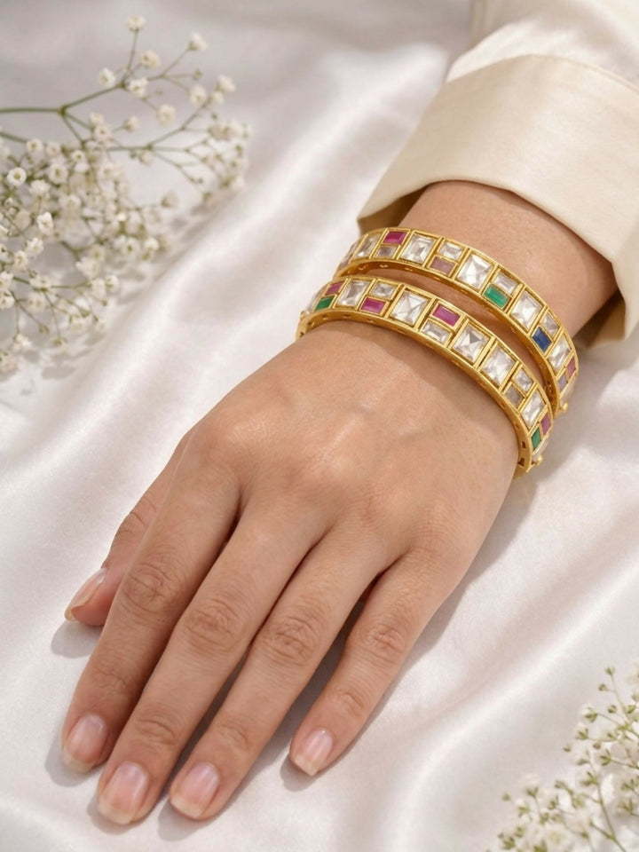 Traditional Gold Plated Silm Square Polki Bangles | SHOBITAM