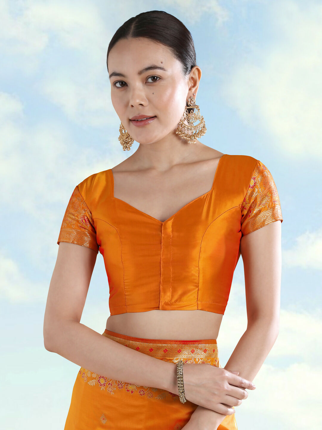 Orange Semi Banarasi Satin silk Saree With Zari Border And Butti Work  | SHOBITAM