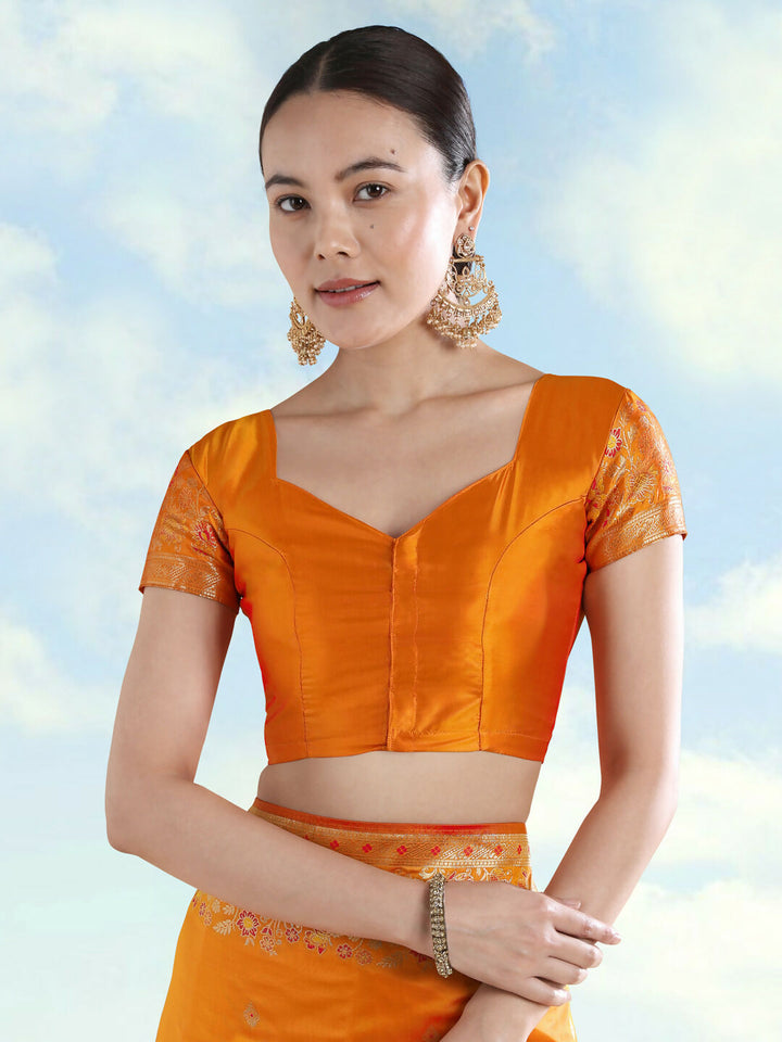 Orange Semi Banarasi Satin silk Saree With Zari Border And Butti Work  | SHOBITAM