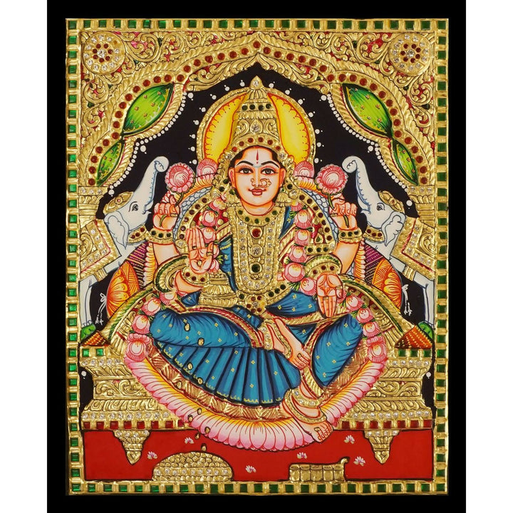 15*12 TANJORE PAINTING GAJA LAKSHMI Authentic With 22 Ct Gold Foil and Jaipur Gemstones,Unframed | SHOBITAM