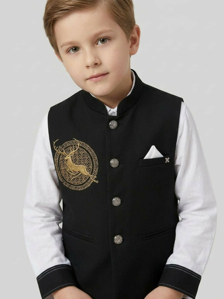 Boys Ethnic Black & White Waistcoat Suit Set with Shirt and Trousers | SHOBITAM