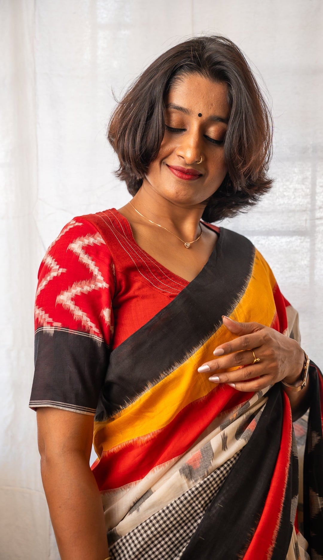 Red Cotton Ikkat Hand Embroidery Blouse Hamsadhwani | SHOBITAM