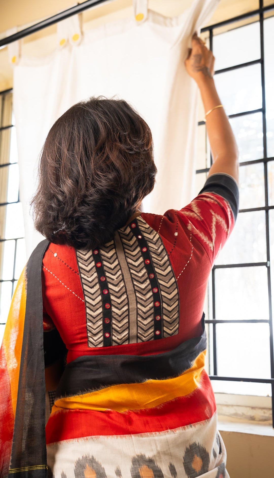 Red Cotton Ikkat Hand Embroidery Blouse Hamsadhwani | SHOBITAM