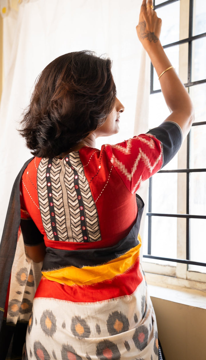 Red Cotton Ikkat Hand Embroidery Blouse Hamsadhwani | SHOBITAM