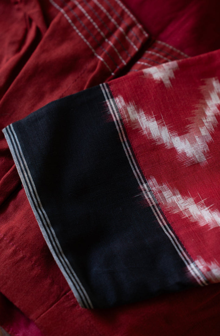 Red Cotton Ikkat Hand Embroidery Blouse Hamsadhwani | SHOBITAM