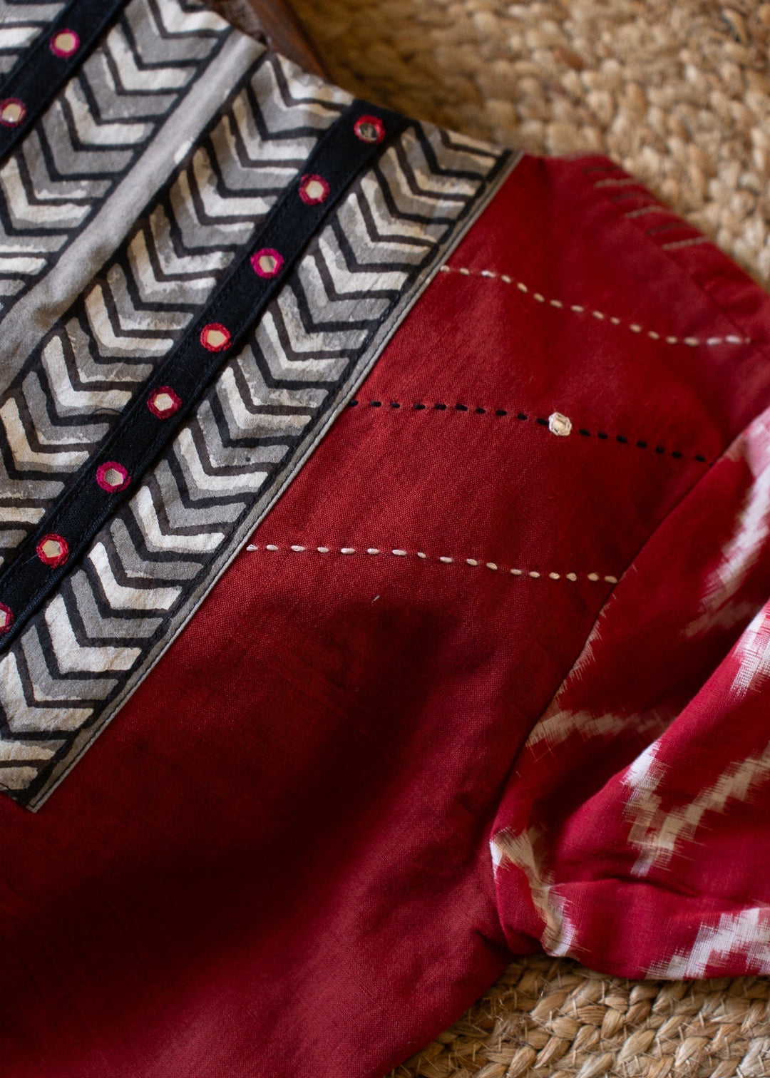 Red Cotton Ikkat Hand Embroidery Blouse Hamsadhwani | SHOBITAM