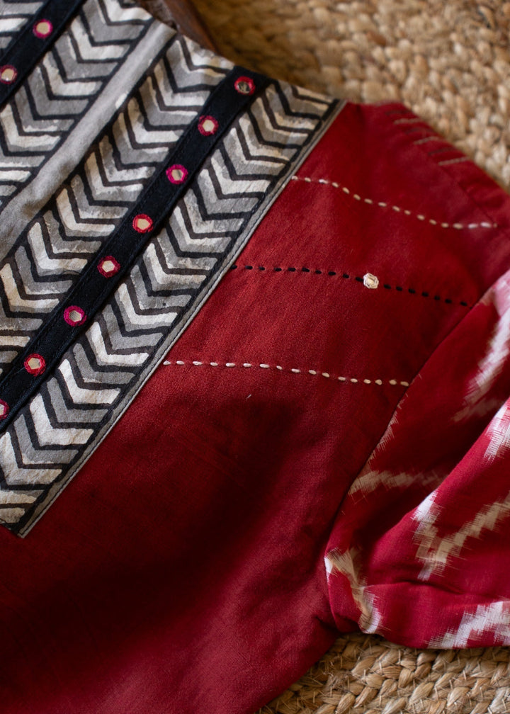 Red Cotton Ikkat Hand Embroidery Blouse Hamsadhwani | SHOBITAM