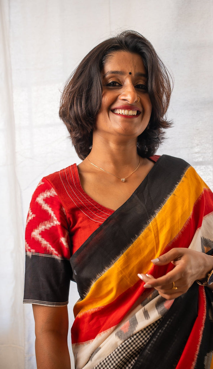 Red Cotton Ikkat Hand Embroidery Blouse Hamsadhwani | SHOBITAM