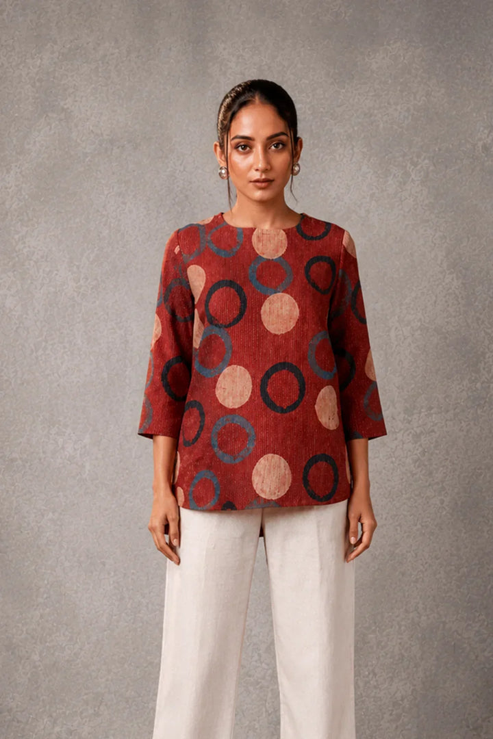 Red Ring Ajrakh Top | SHOBITAM