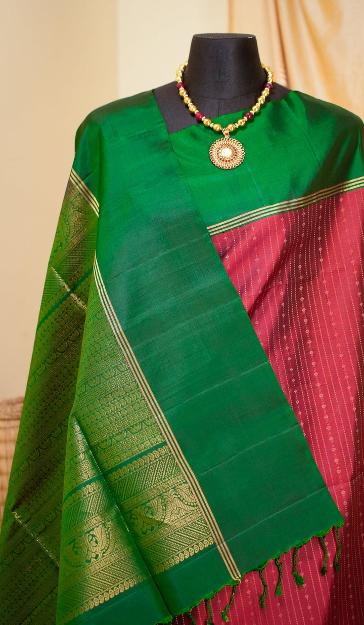 Red With Green Kanjivaram Soft silk Handloom Saree Mandaram | SILK MARK CERTIFIED |SHOBITAM