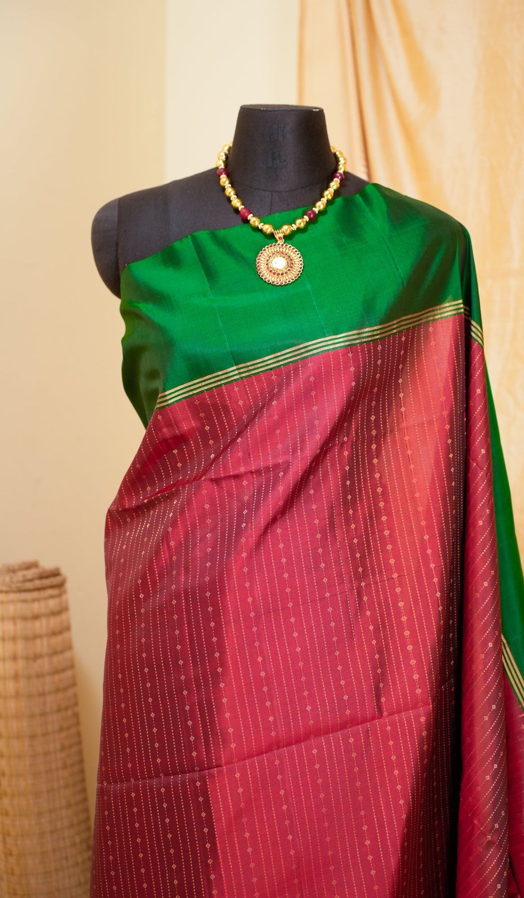 Red With Green Kanjivaram Soft silk Handloom Saree Mandaram | SILK MARK CERTIFIED |SHOBITAM