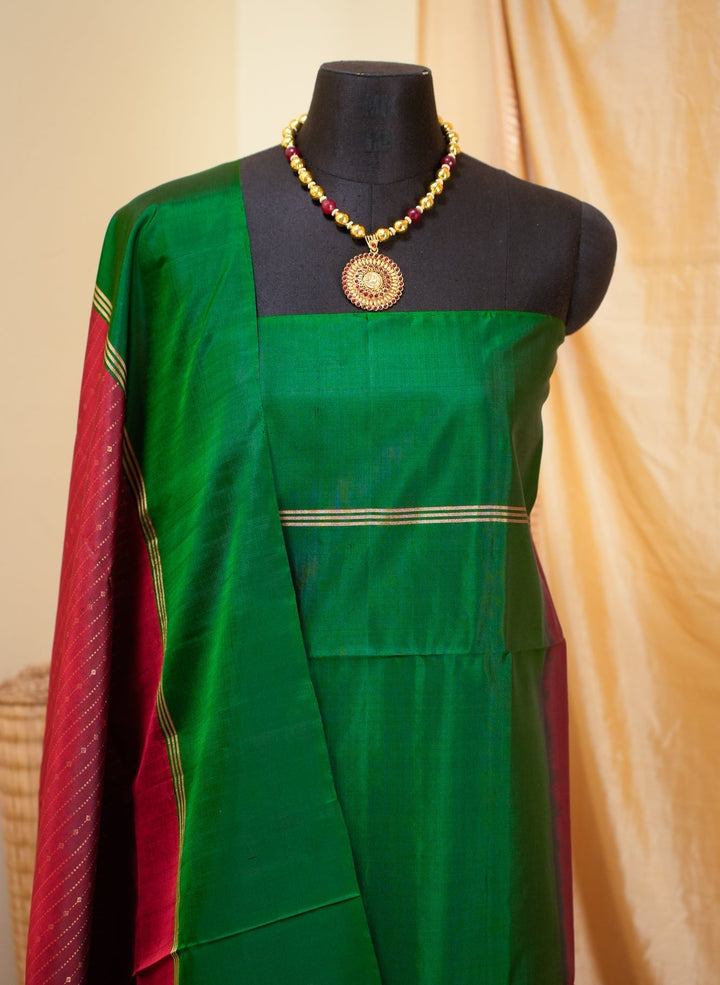 Red With Green Kanjivaram Soft silk Handloom Saree Mandaram | SILK MARK CERTIFIED |SHOBITAM