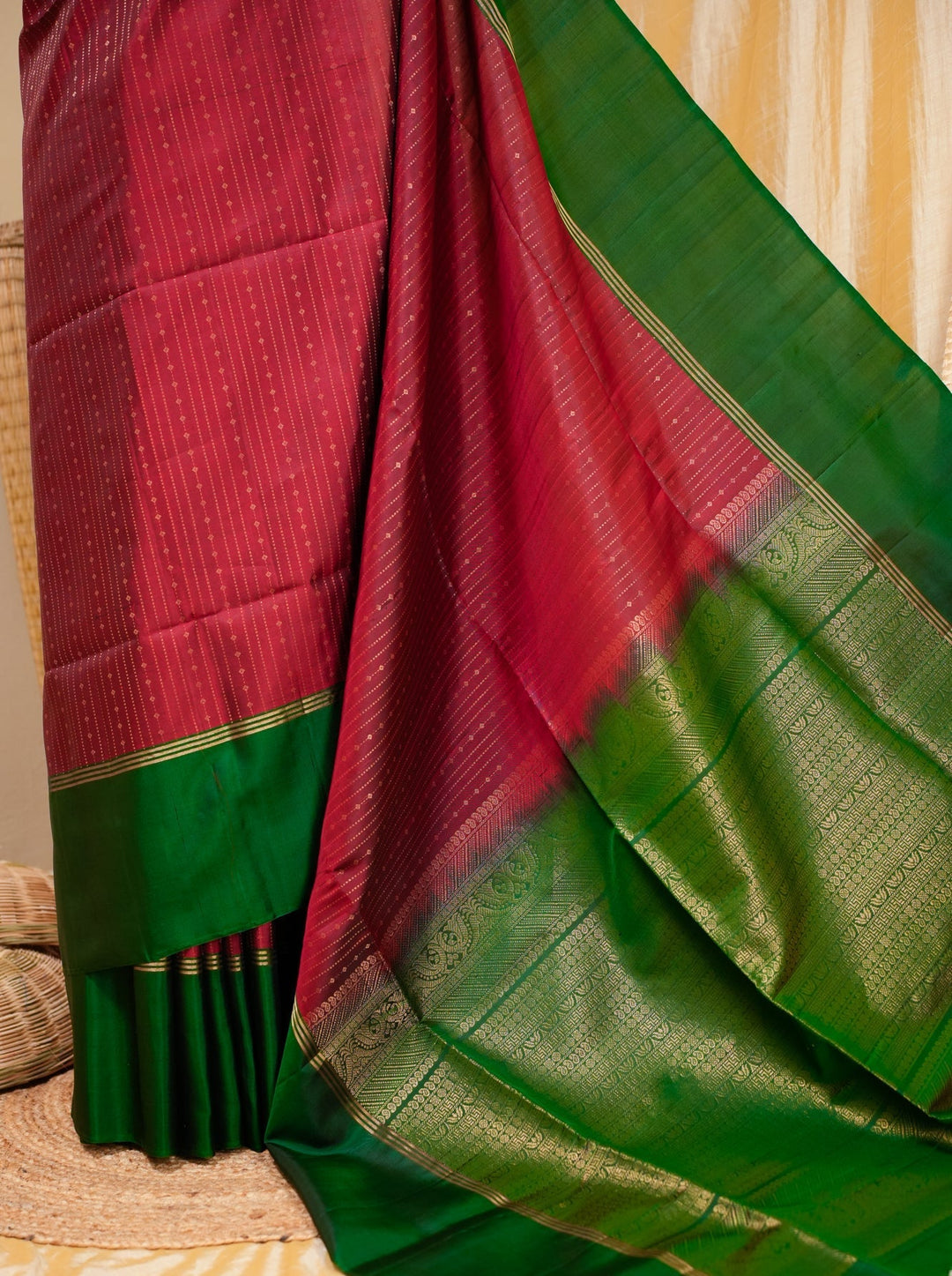 Red With Green Kanjivaram Soft silk Handloom Saree Mandaram | SILK MARK CERTIFIED |SHOBITAM