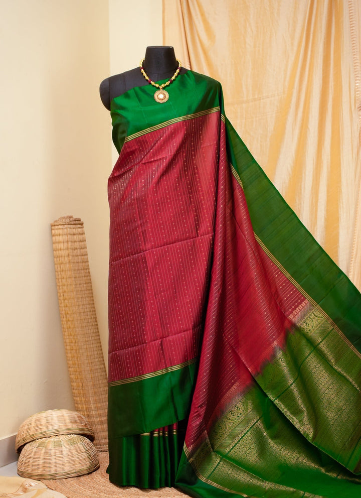 Red With Green Kanjivaram Soft silk Handloom Saree Mandaram | SILK MARK CERTIFIED |SHOBITAM