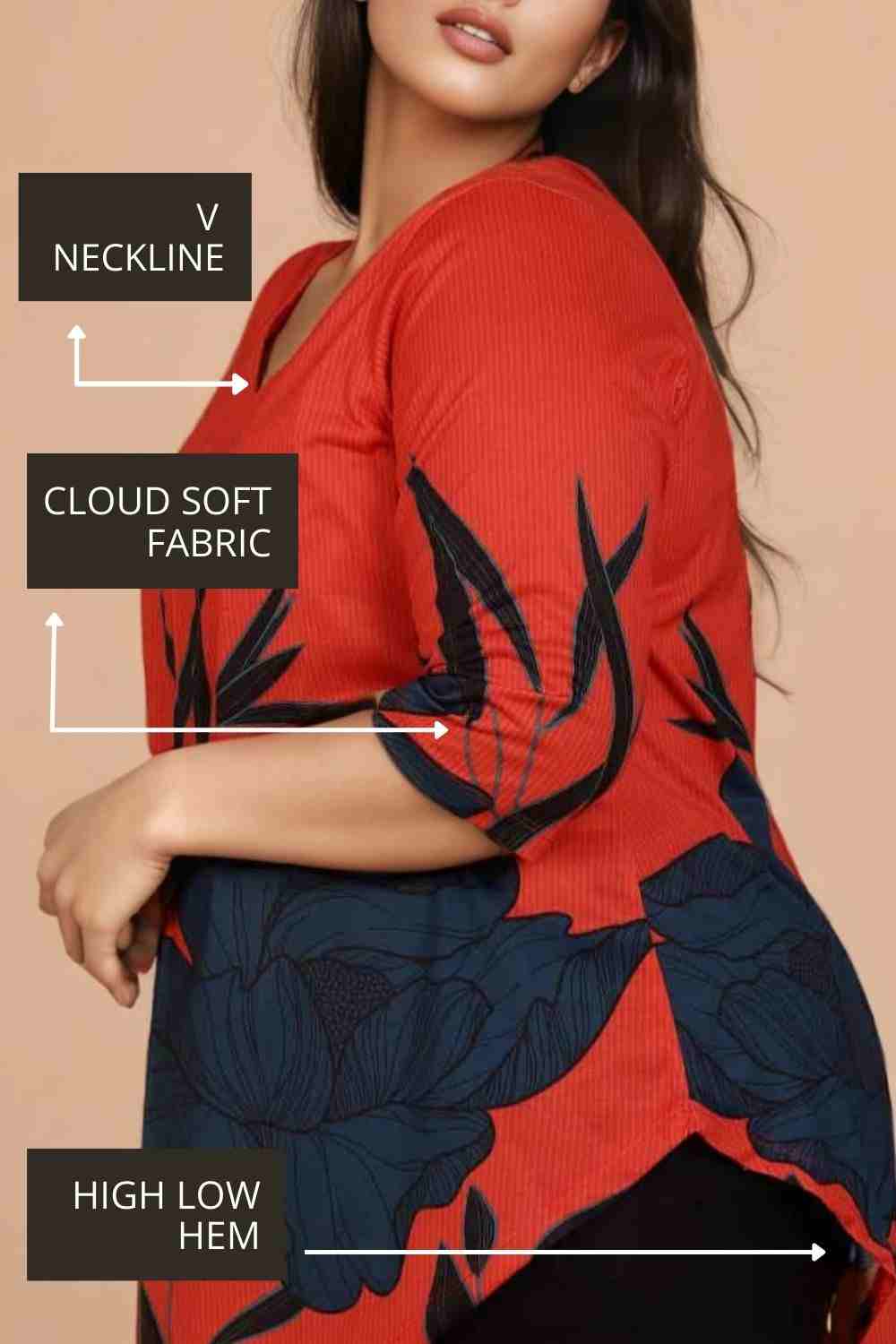 Red Teal Print Plus Size Top in Soft knitted fabric | Made to Order