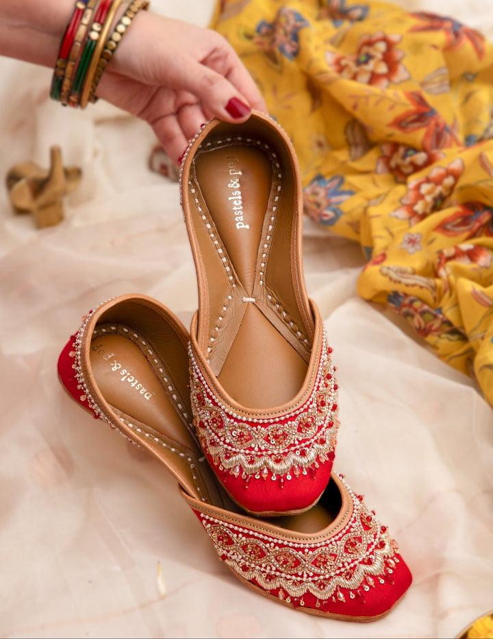 GULAAL Red Juttis with Pearl and Embroidery