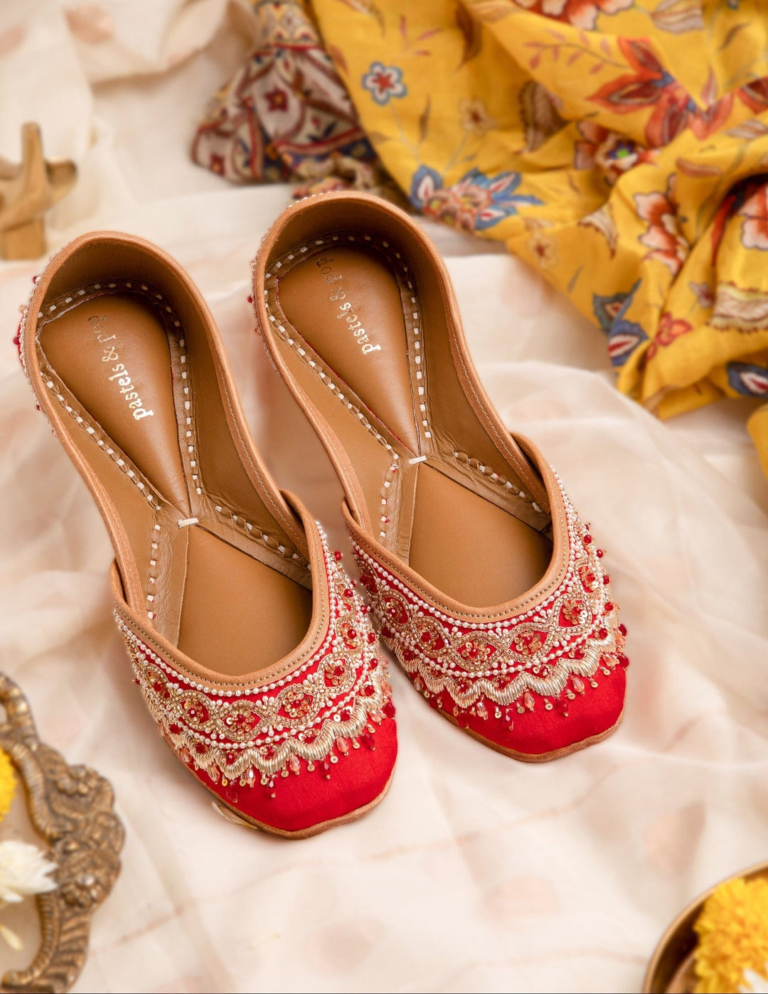 GULAAL Red Juttis with Pearl and Embroidery