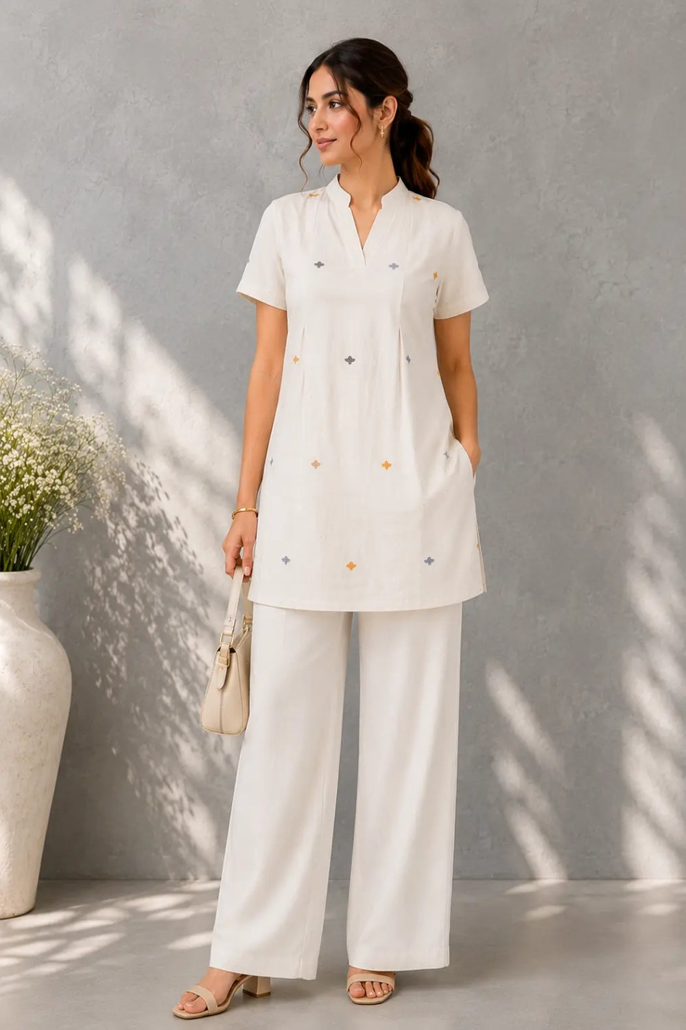 Ivory Handloom Jamdani Top | SHOBITAM