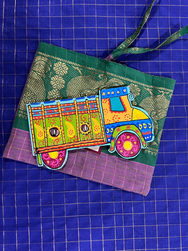 10 Pack, Madhubani Handpainted Colorful  Indian Truck Fridge Magnets with Zari Cloth Bag, Festive Favors