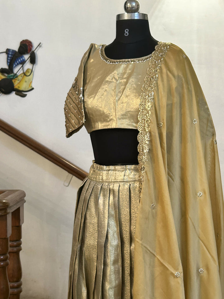 Gold Semi Kanchi half saree Davani /Lehenga Sets with Hand Embroidery Blouse