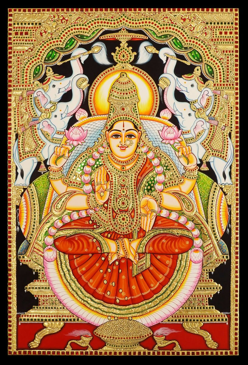 24*36 Authentic TANJORE PAINTING GAJA LAKSHMI With 22 Ct gold Foil and Jaipur Gemstones,Unframed | SHOBITAM