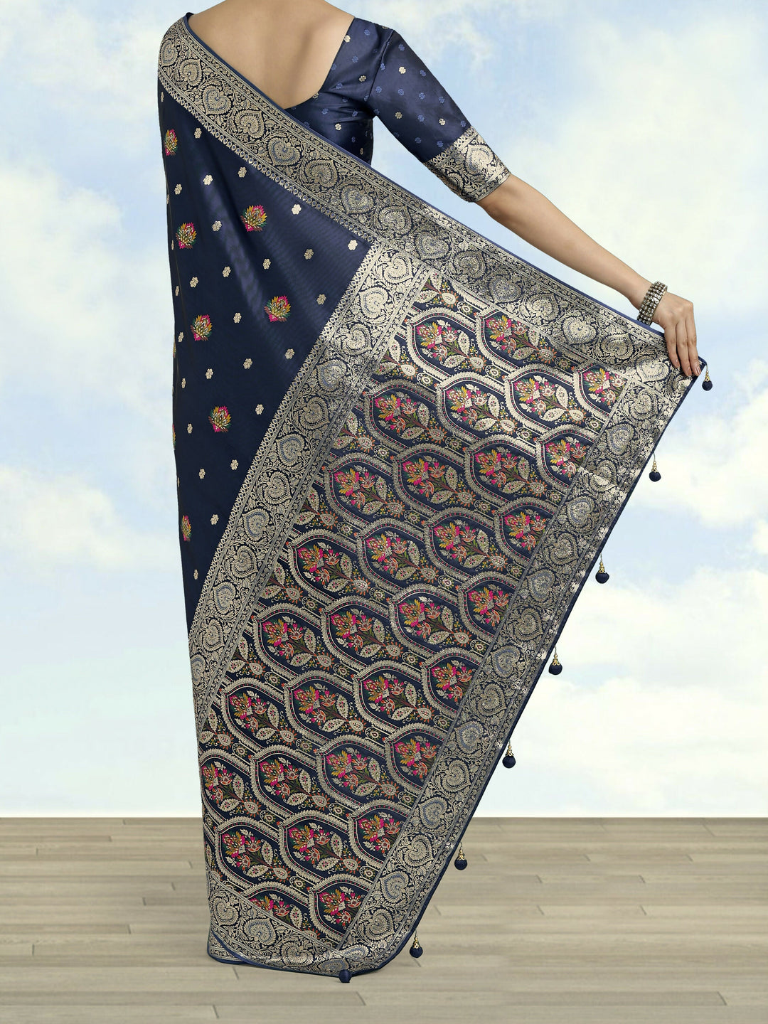 Navy blue Banarasi Zari Woven Satin Silk Saree | SHOBITAM