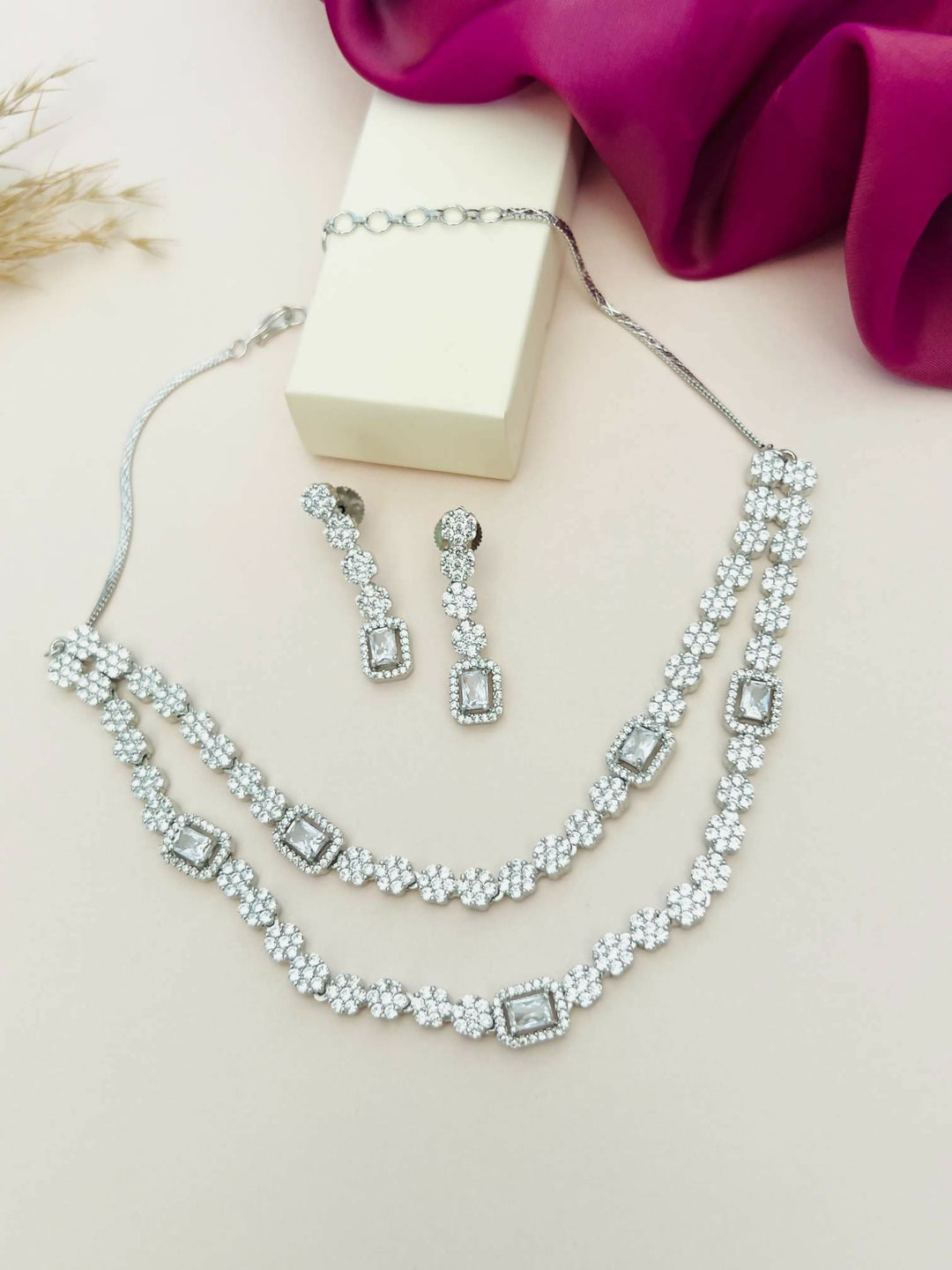 Silver Plated American Diamond Double Layer Necklace | SHOBITAM