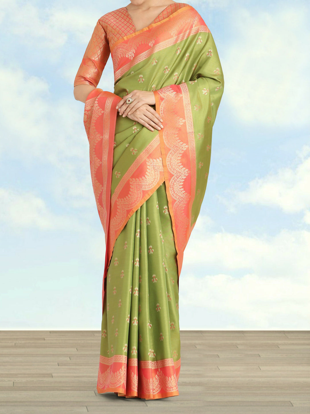 Olive Green Color Weaving Semi Banarasi Tissue Silk Saree | SHOBITAM