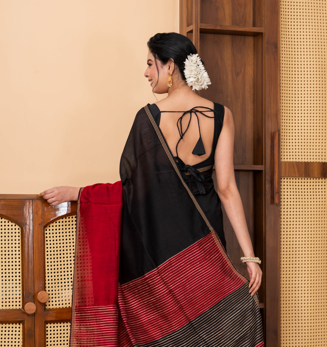 Half n half cotton silk black red saree | SHOBITAM