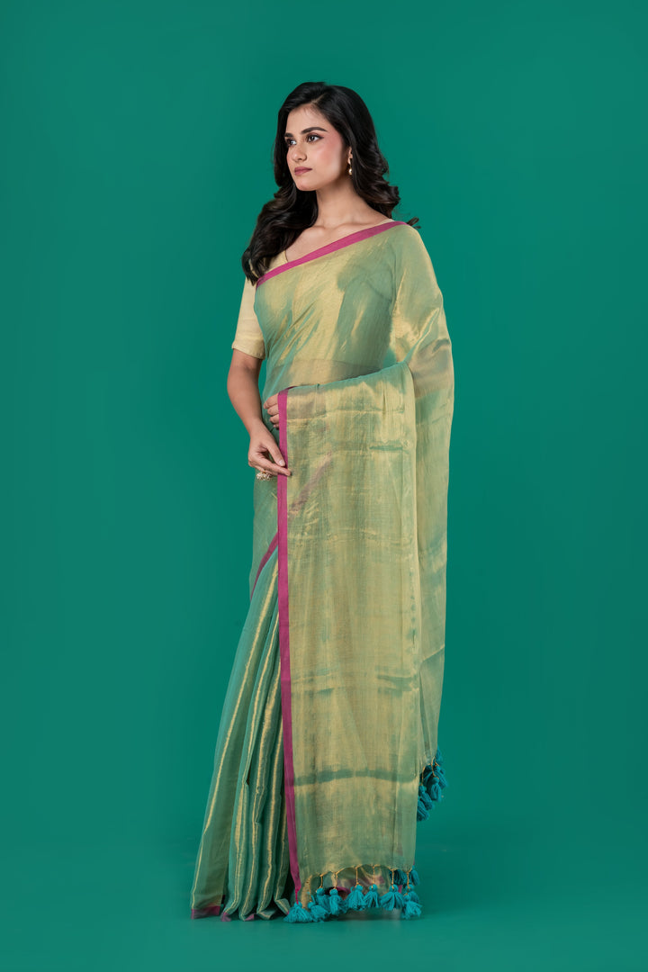 Green dual tone shimmer cotton saree | SHOBITAM