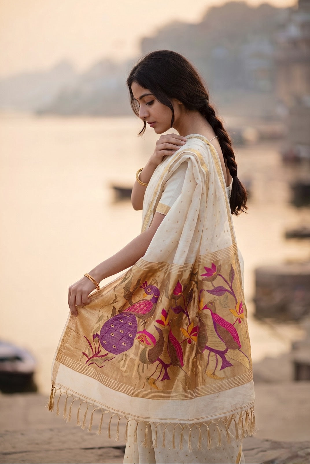 Off white handspun resham paithani silk saree | SHOBITAM