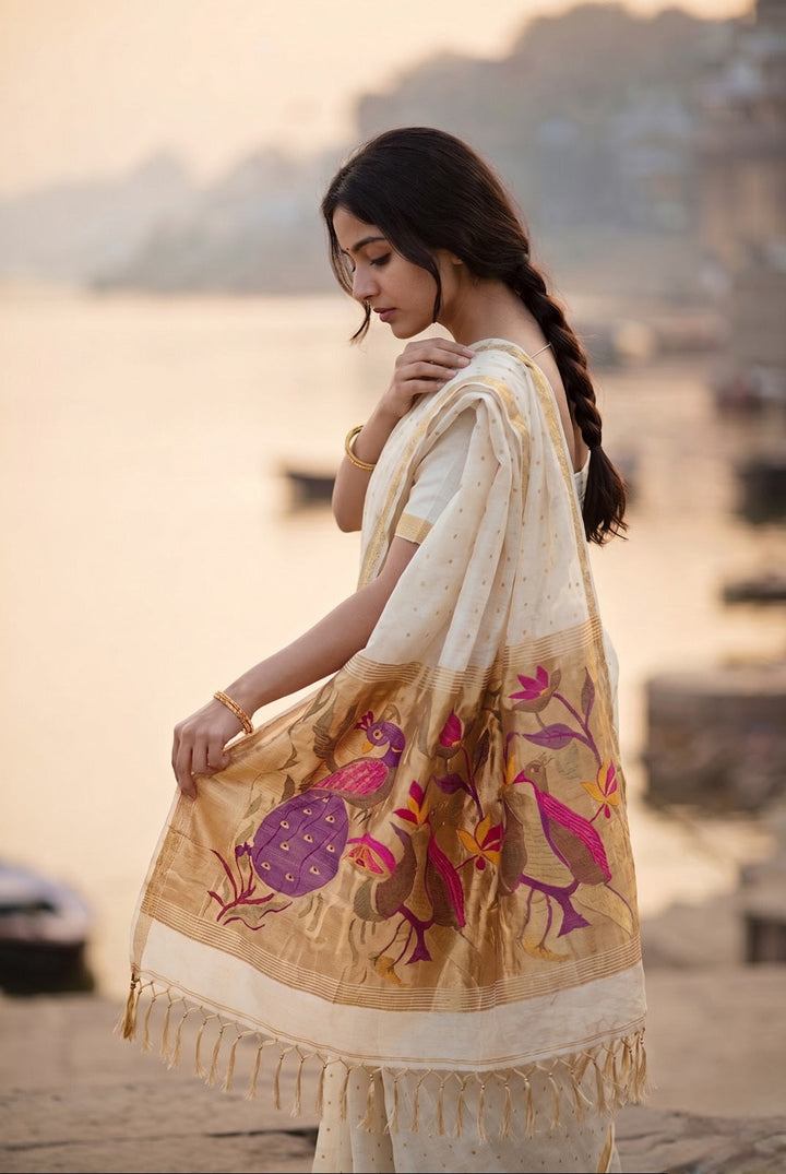 Off white handspun resham paithani silk saree | SHOBITAM