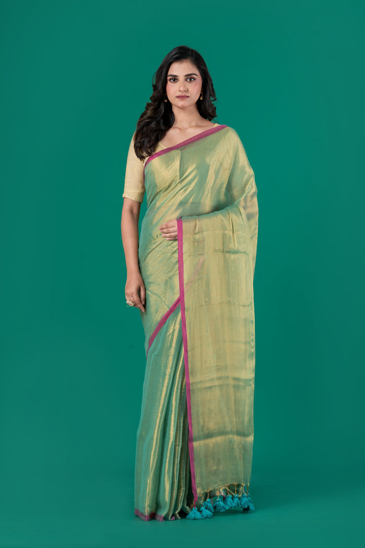 Green dual tone shimmer cotton saree | SHOBITAM