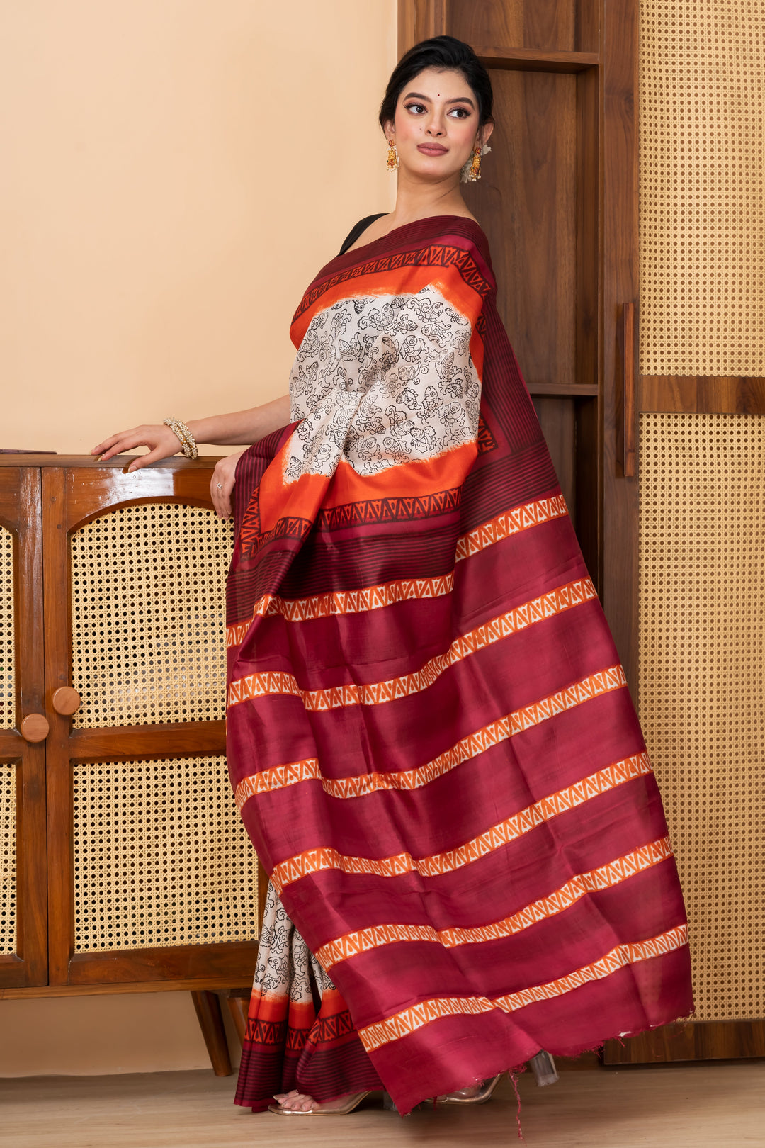 Red and orange border printed pure silk saree  | SILK MARK CERTIFIED | SHOBITAM