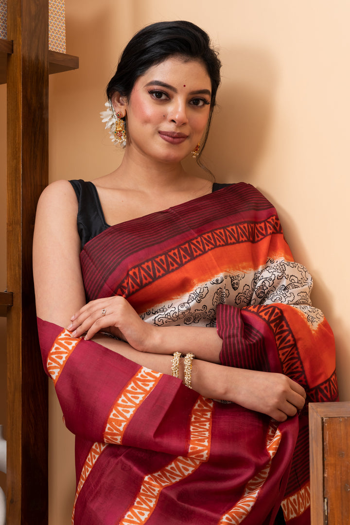 Red and orange border printed pure silk saree  | SILK MARK CERTIFIED | SHOBITAM
