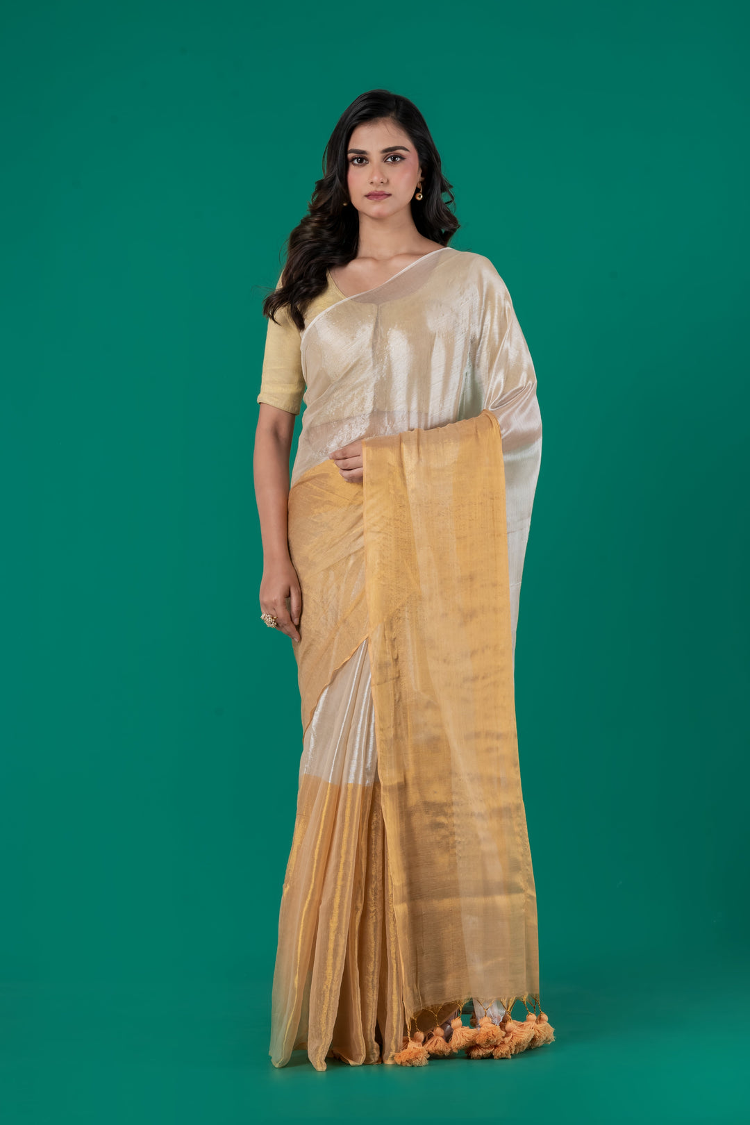 Half n half gold silver Tissue cotton saree | SHOBITAM