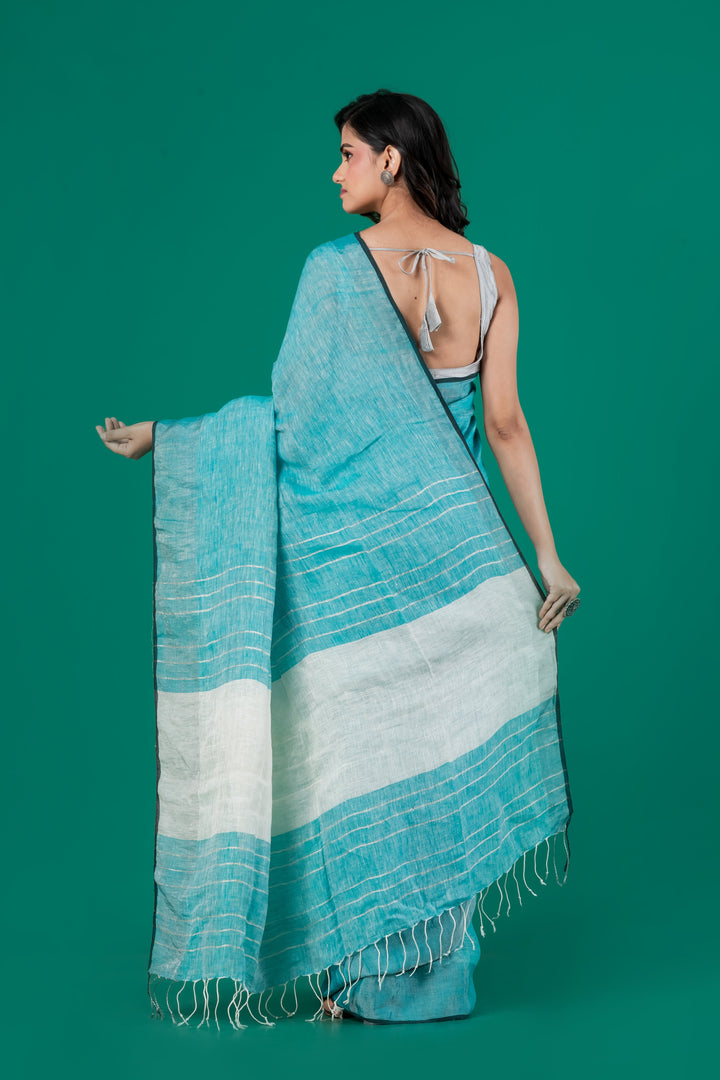 Turqoise blue pure linen saree | SHOBITAM