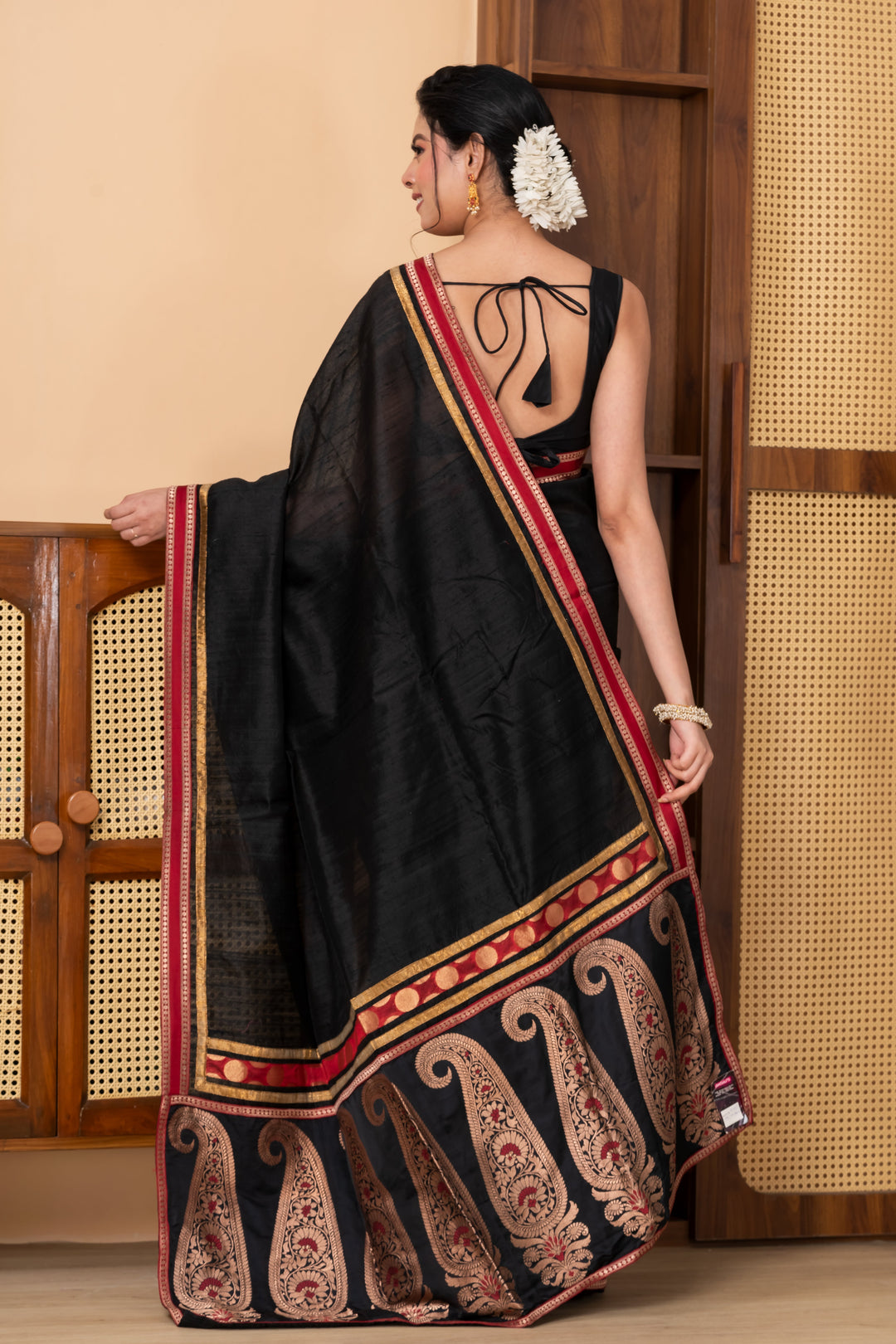 Black Pure Ghicha Silk  Saree With Minimal Zari  Border  | SILK MARK CERTIFIED |  Shobitam