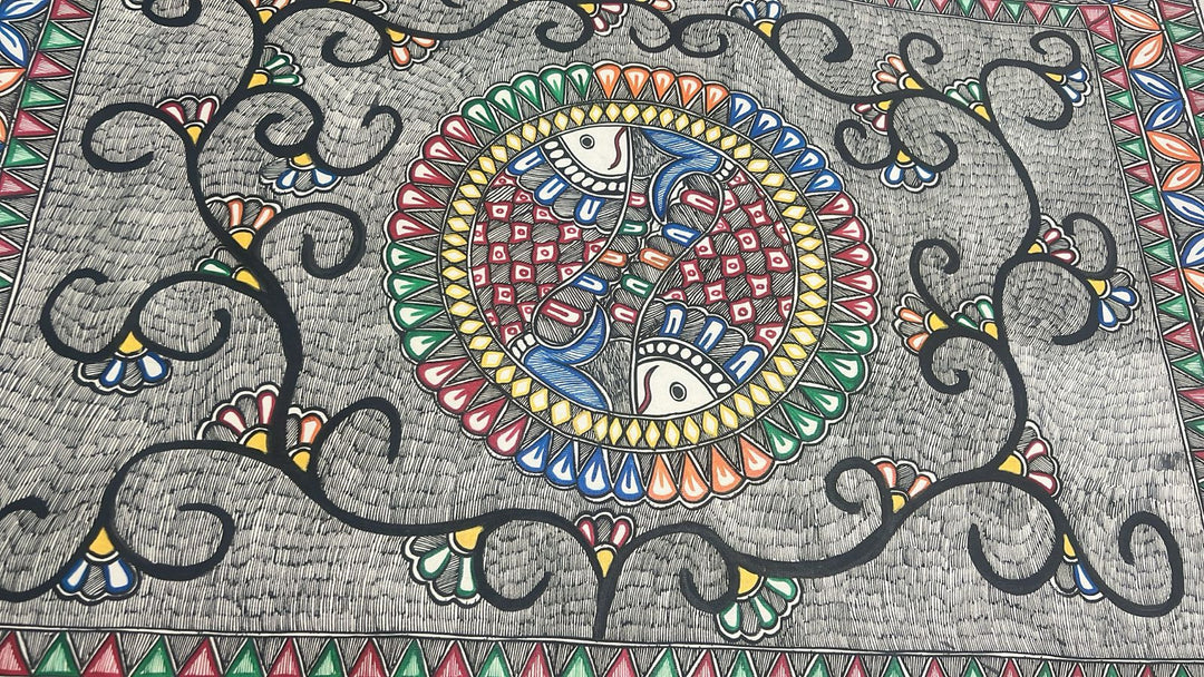Twin fish in a Mandala Madhubani Hand Painting Wall Art, Unframed 30 x 22