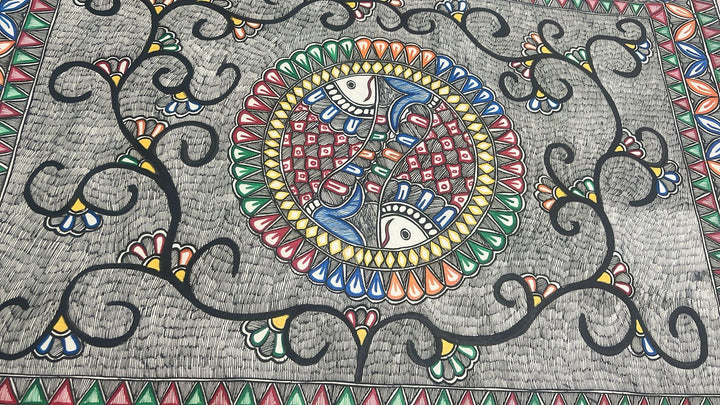 Twin fish in a Mandala Madhubani Hand Painting Wall Art, Unframed 30 x 22