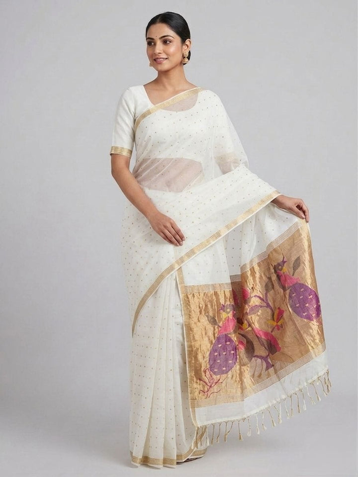 Off white handspun resham paithani silk saree | SHOBITAM
