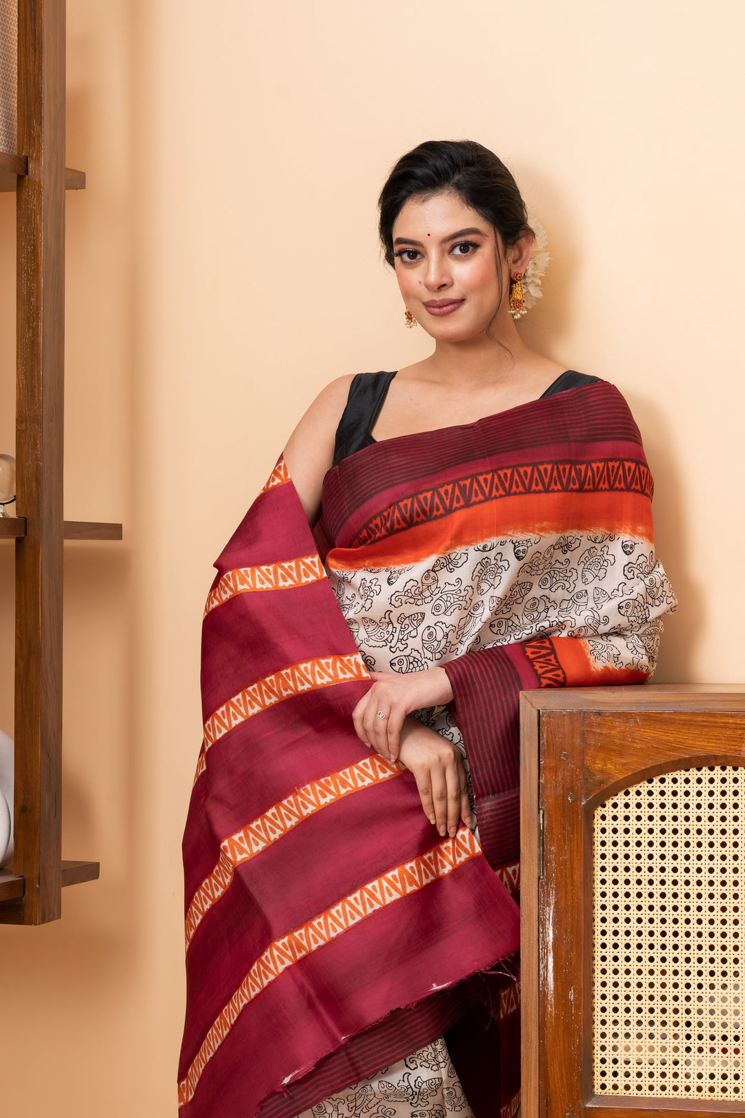 Red and orange border printed pure silk saree  | SILK MARK CERTIFIED | SHOBITAM
