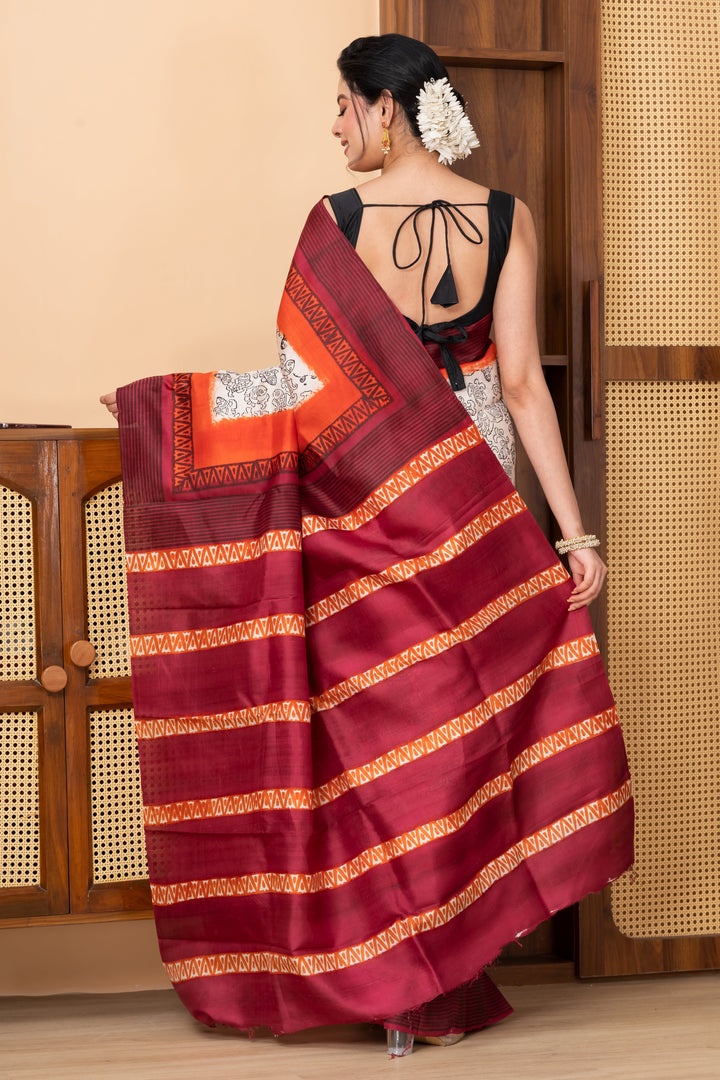 Red and orange border printed pure silk saree  | SILK MARK CERTIFIED | SHOBITAM