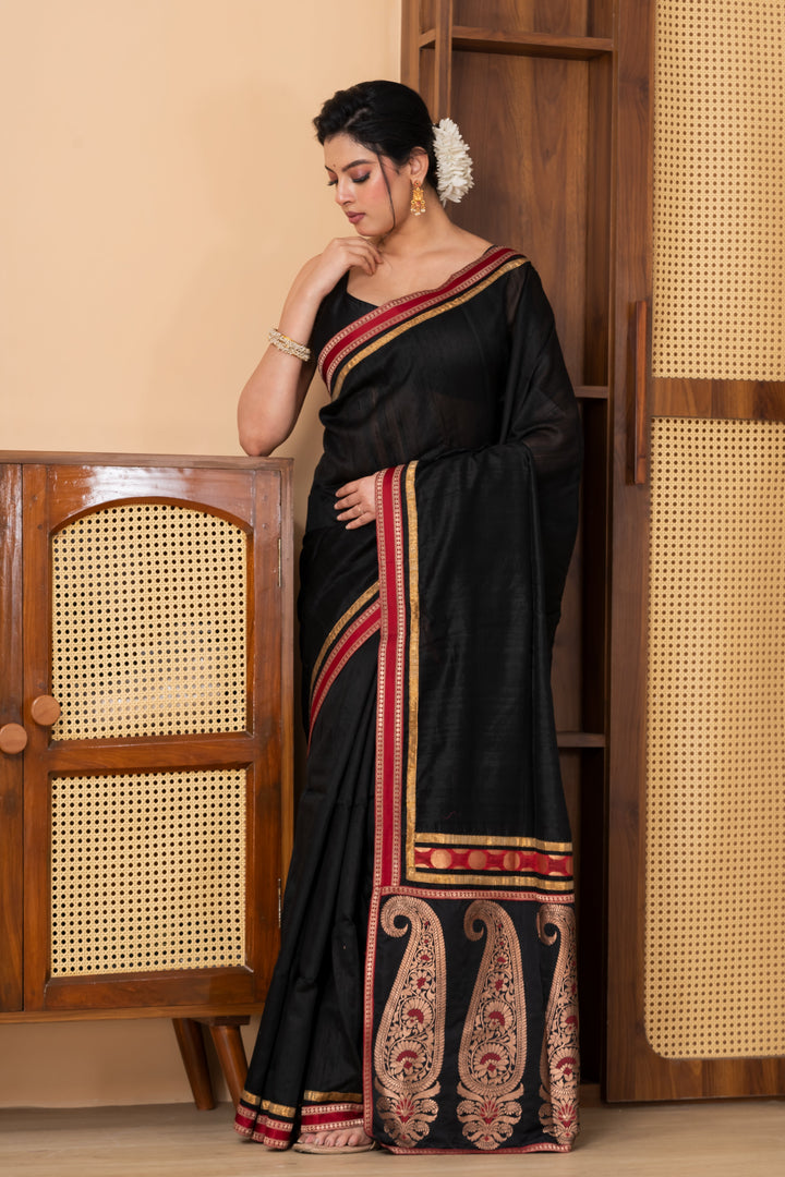 Black Pure Ghicha Silk  Saree With Minimal Zari  Border  | SILK MARK CERTIFIED |  Shobitam