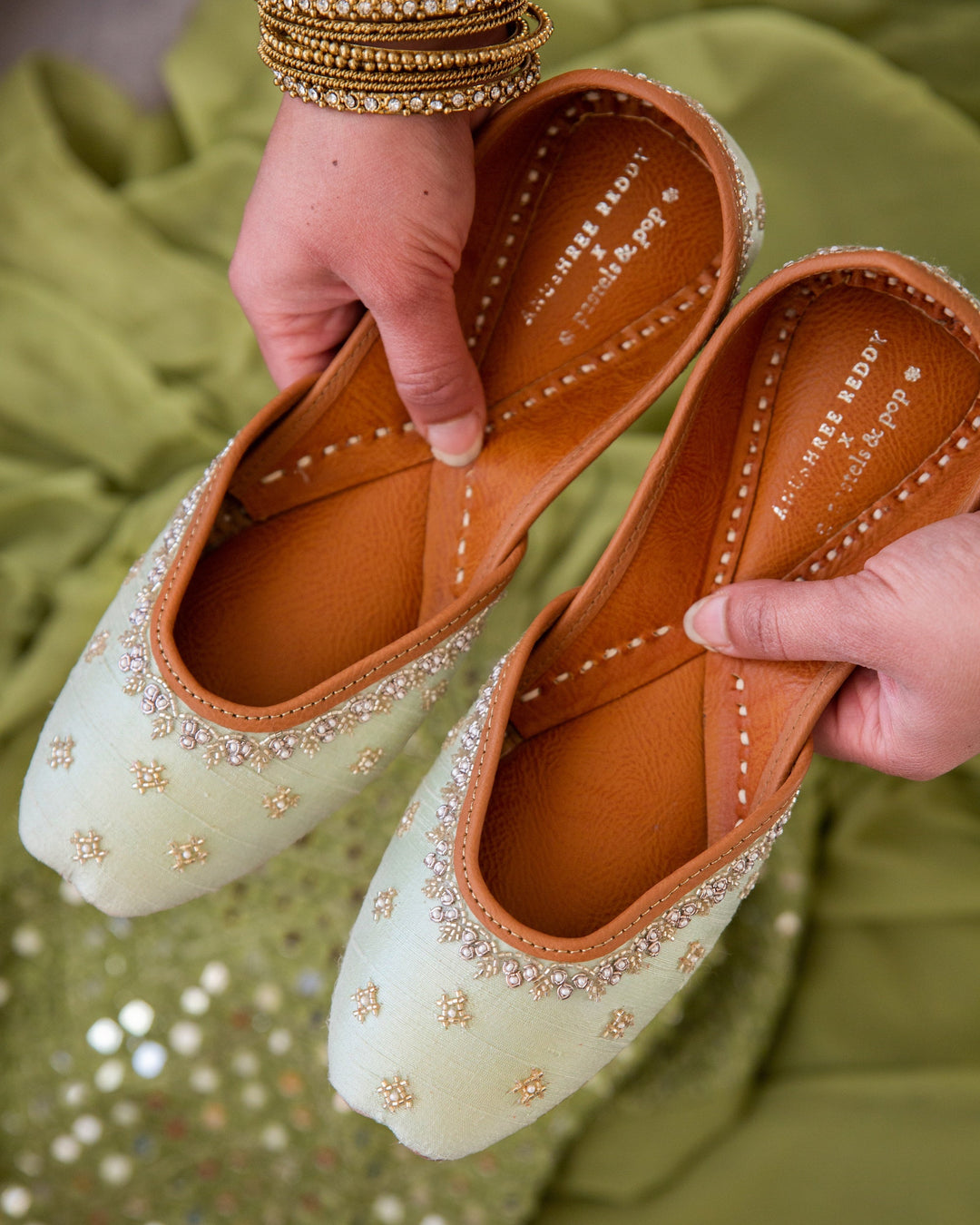 KIARA : Pastels and Pop X Anushree Reddy Pastel Mint Green Embellished Punjabi Juttis
